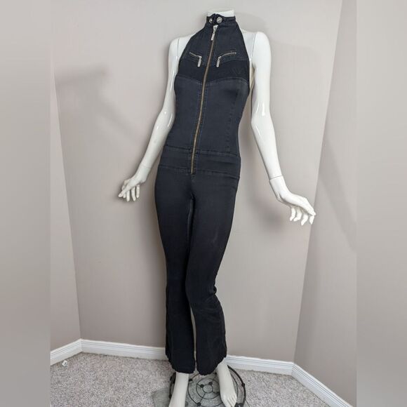 Halter neck jumpsuit, Y2K denim zip up front flared leg, karv heartbreak - Picture 1 of 9
